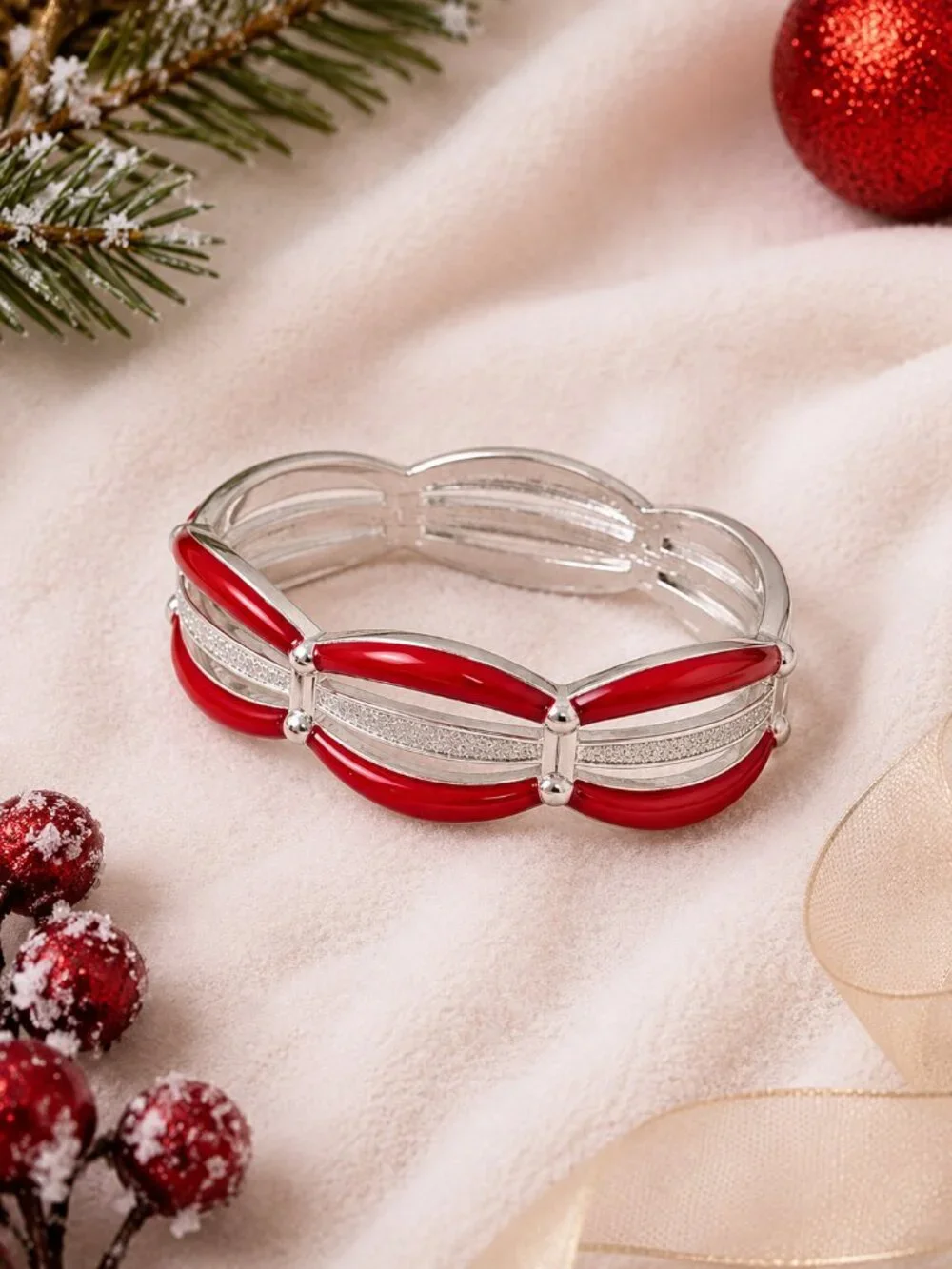 New York & Company Red Enamel Hinged Cuff Bracelet Silver Tone Bangle